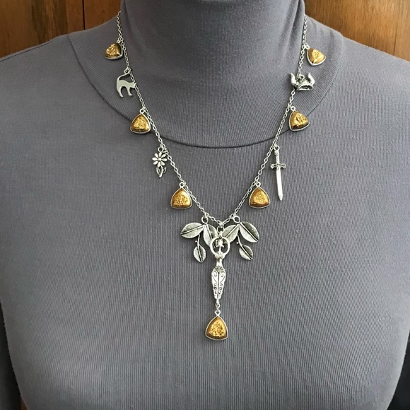 Freya Norse Mythology Goddess Handmade Viking Necklace, Sword, Gold Druzy Drops - Picture 8 of 16